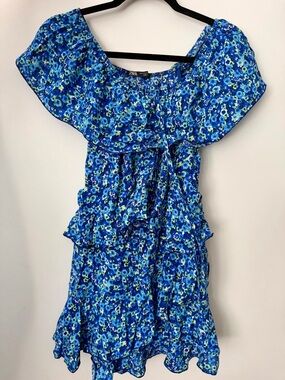 Like New Zara Blue Floral Off-Shoulder Ruffle Romper Dress Small